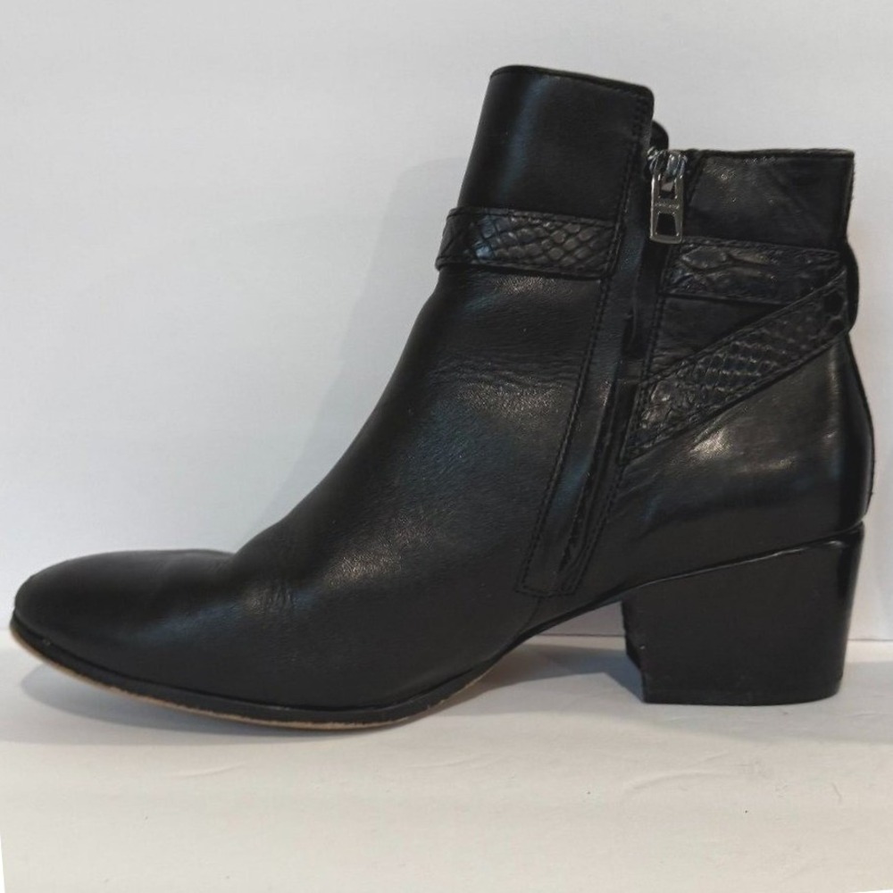Coach Black Leather Snakeskin Strap Block Heel Ankle Booties Size 9B Round Toe - Picture 9 of 12